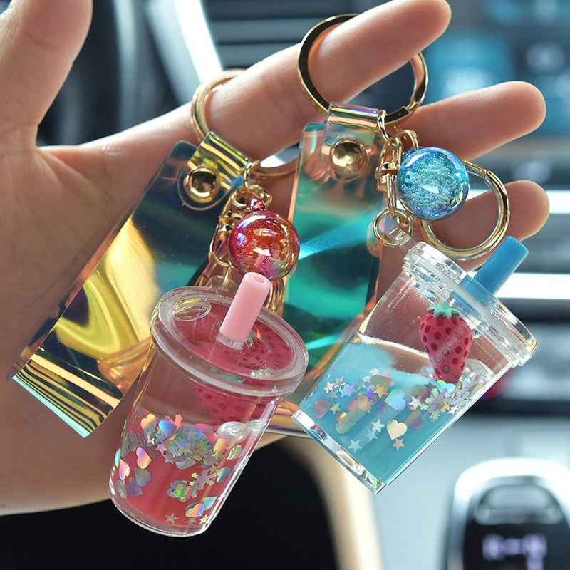 Liquid Sequin Strawberry Cup Keychain