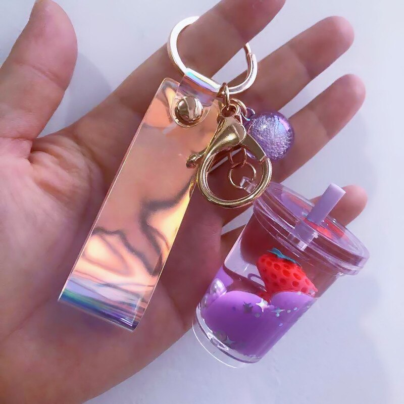 Liquid Sequin Strawberry Cup Keychain