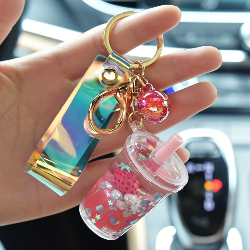 Liquid Sequin Strawberry Cup Keychain