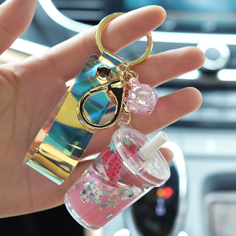 Liquid Sequin Strawberry Cup Keychain