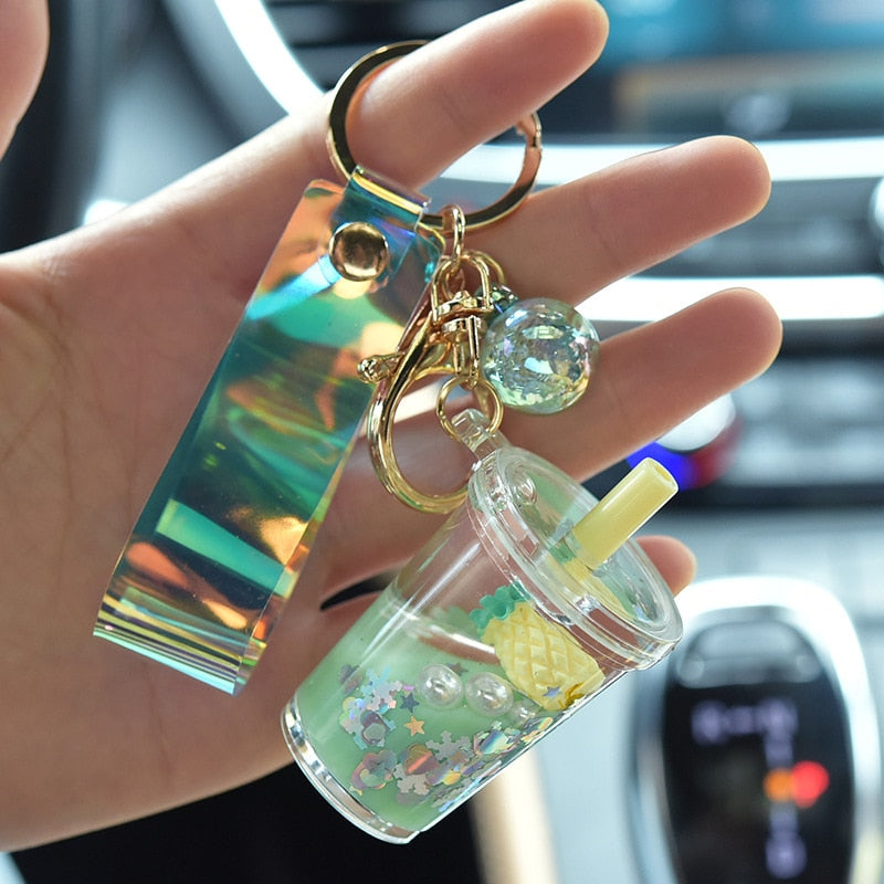 Liquid Sequin Strawberry Cup Keychain