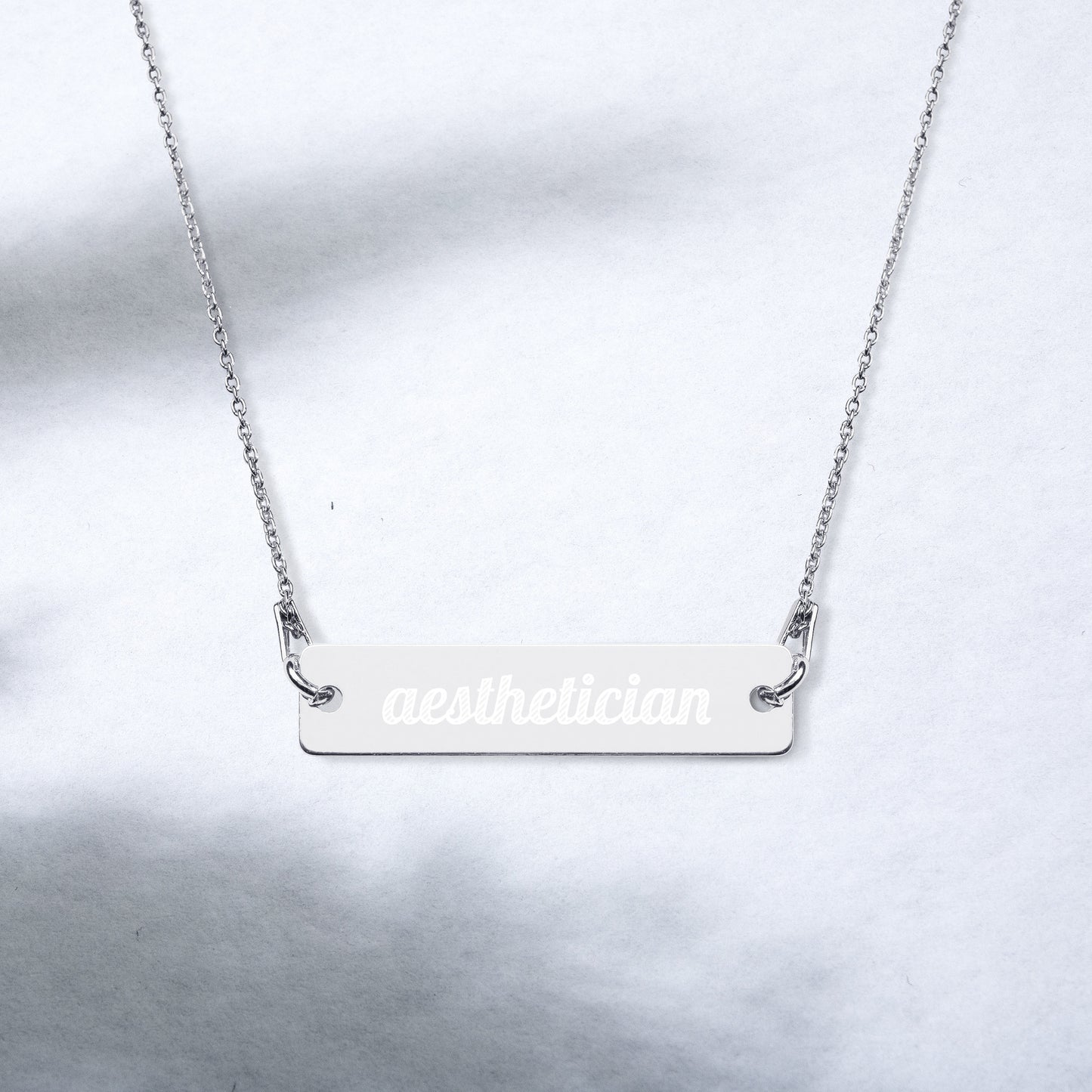 Aesthetician | Skincare Engraved Sterling Silver Bar Chain Minimalist, Trendy, Dainty Necklace