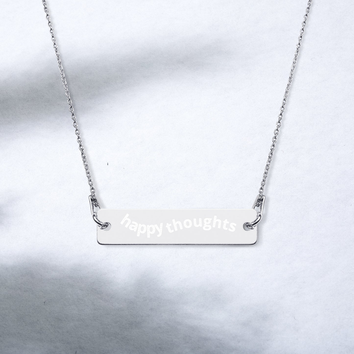 Happy Thoughts, Groovy Text, Minimalist, Engraved Sterling Silver Bar Chain Necklace