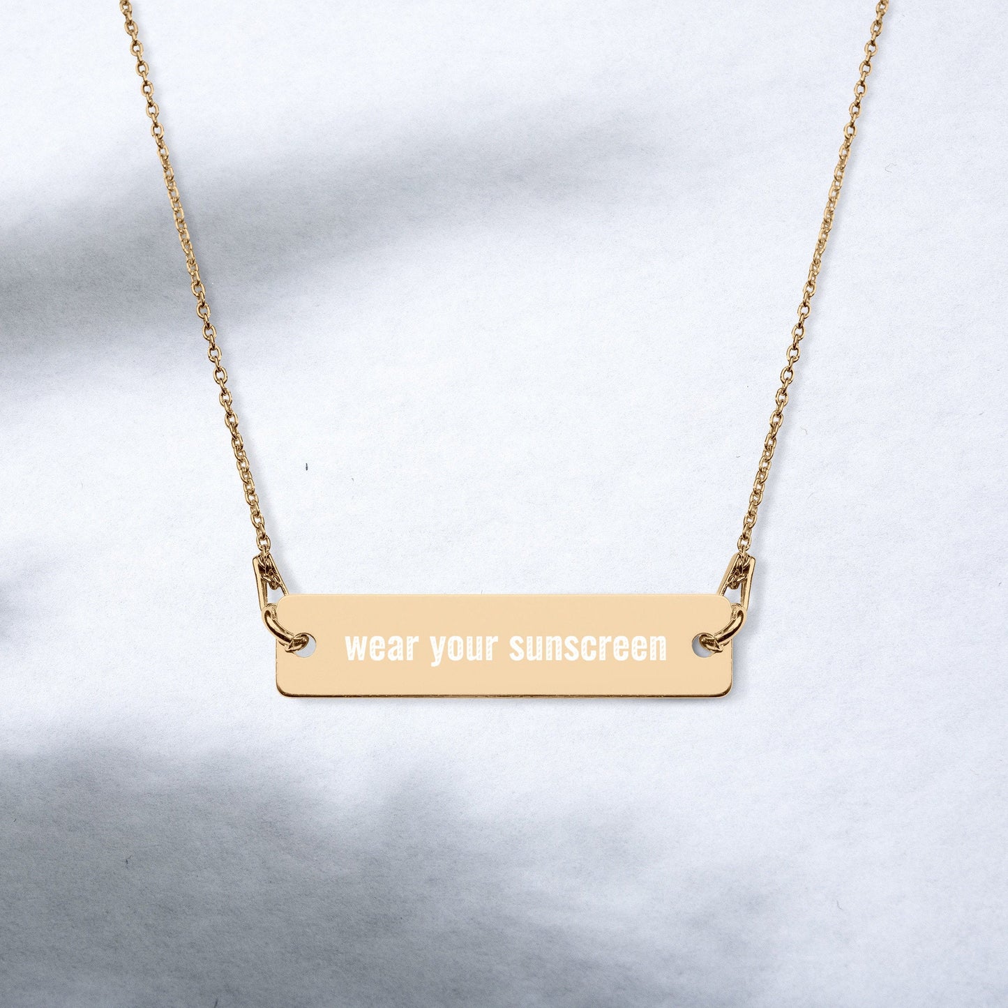 Wear Your Sunscreen | SPF | Skincare | Rose Gold, Engraved Sterling Silver Bar Chain Minimalist Necklace