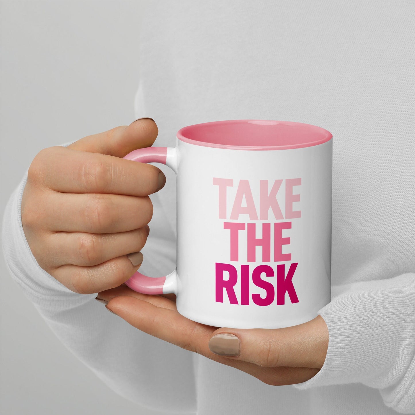 Take The Risk Pink Ombre Mug with Color Inside, Risk Taker, Motivational
