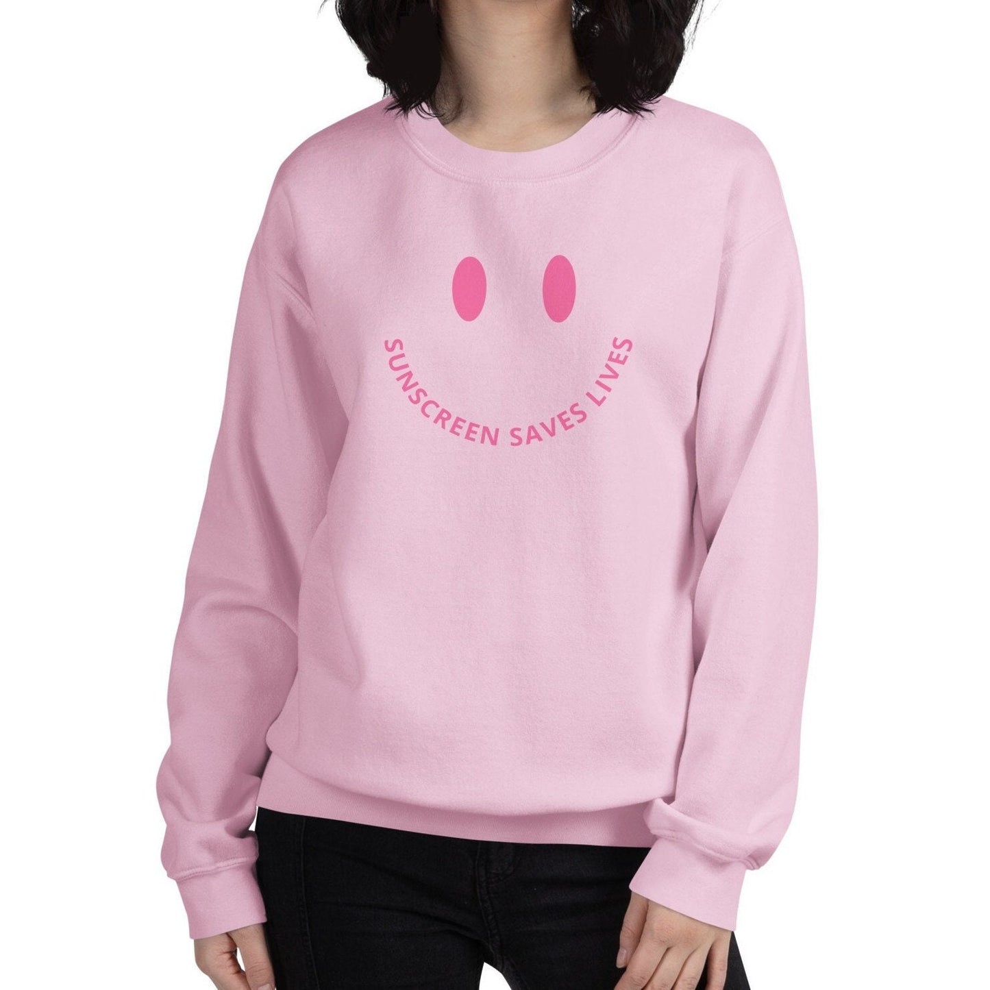 Sunscreen Saves Lives Smiley Face Crewneck, Pink Unisex Sweatshirt