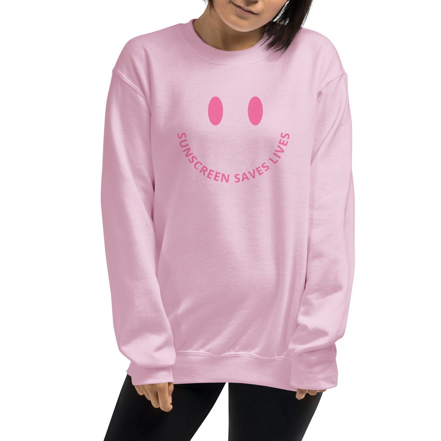 Sunscreen Saves Lives Smiley Face Crewneck, Pink Unisex Sweatshirt