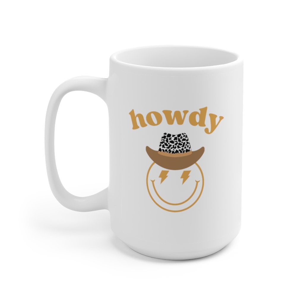 Howdy Cowboy Hat Smiley Face Lightning Bolt Ceramic Mug 15oz