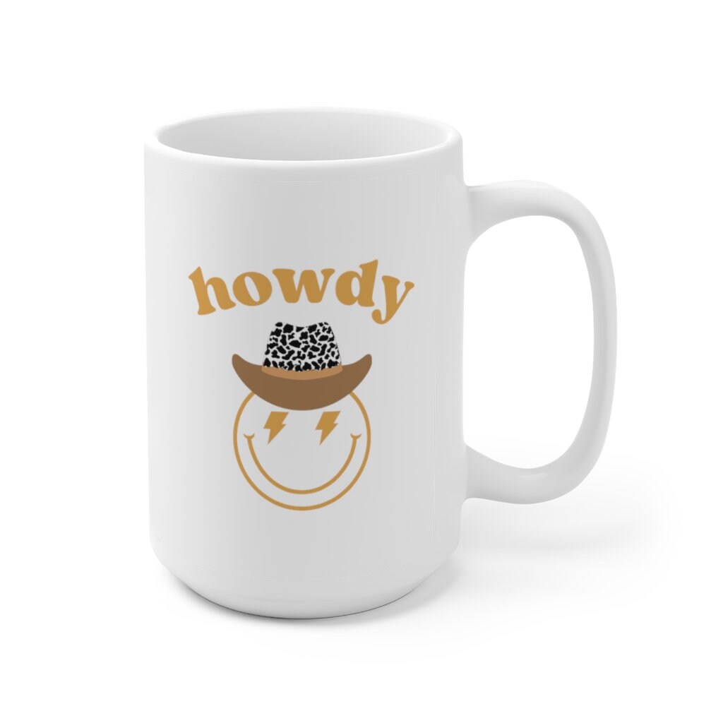 Howdy Cowboy Hat Smiley Face Lightning Bolt Ceramic Mug 15oz