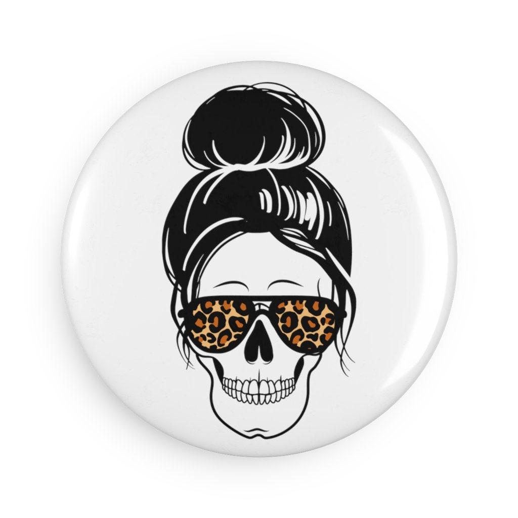Messy Bun Smiley Skeleton Leopard Print Sunglasses Button Magnet, Round (1 & 10 pcs)