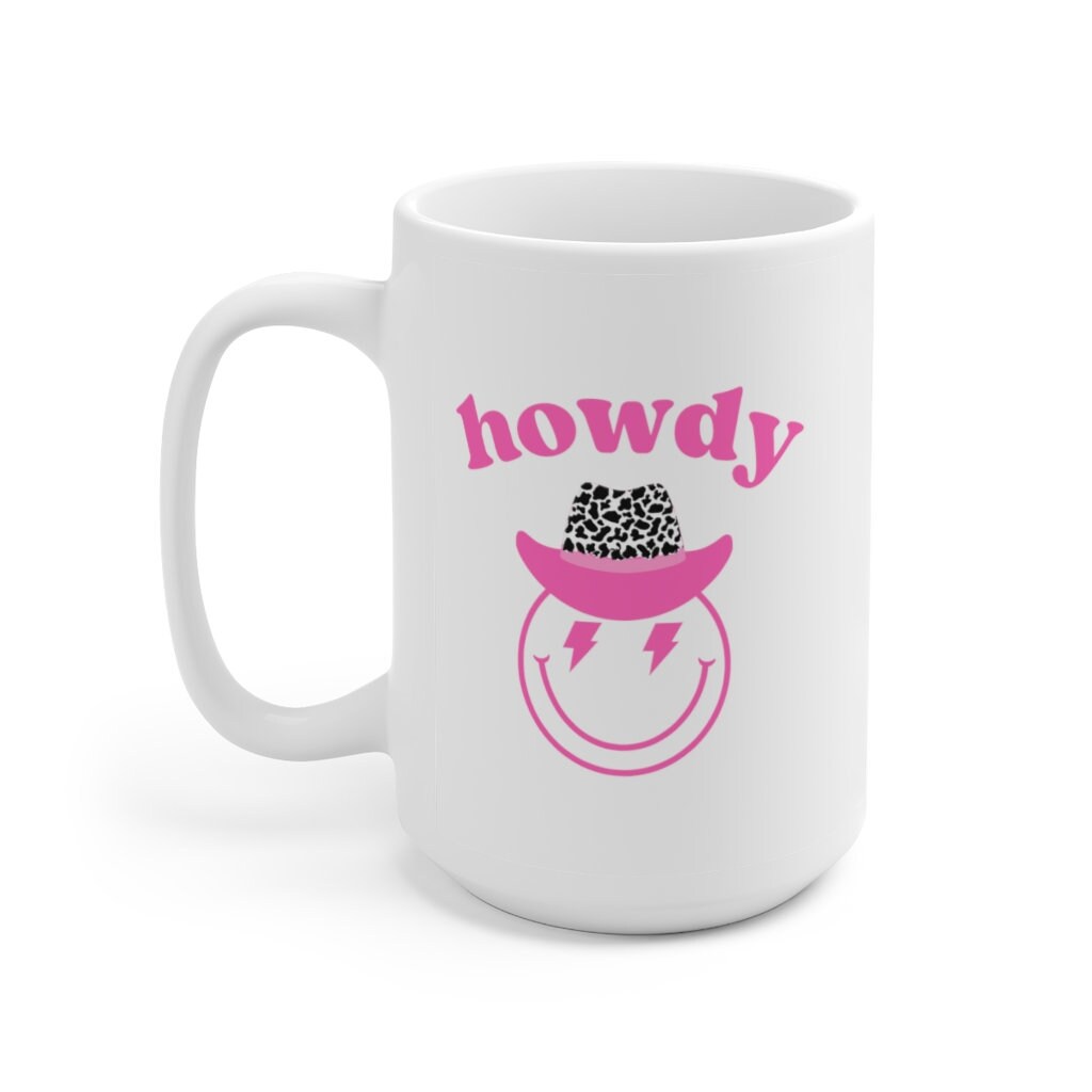 Howdy Smiley Face Lightning Bolt Cow Print Cowgirl Ceramic Mug 15oz