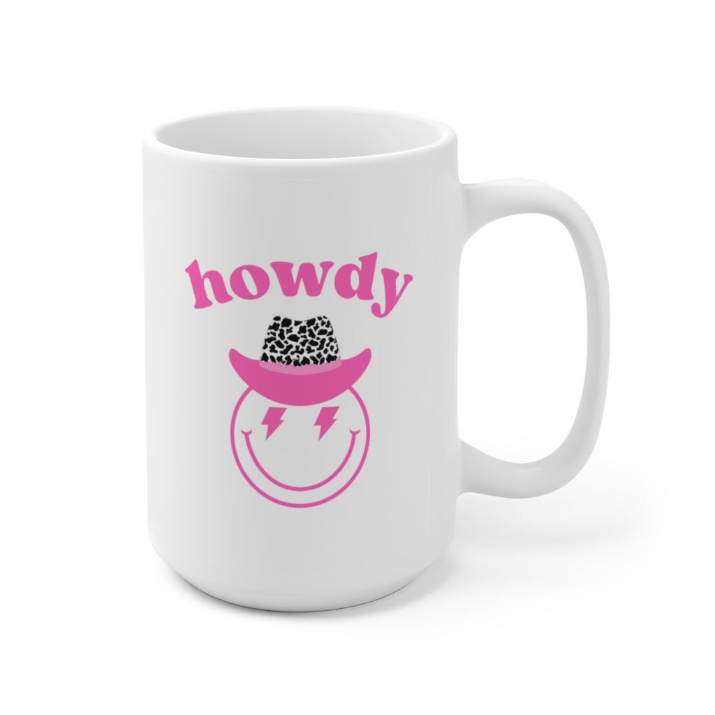 Howdy Smiley Face Lightning Bolt Cow Print Cowgirl Ceramic Mug 15oz