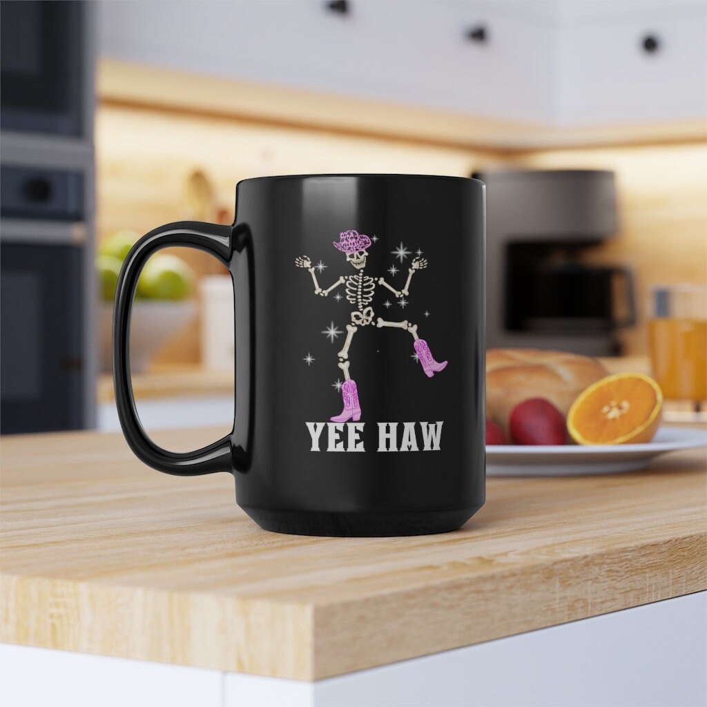Yee Haw Sparkly Skeleton Cowgirl Pink Black Mug, 15oz