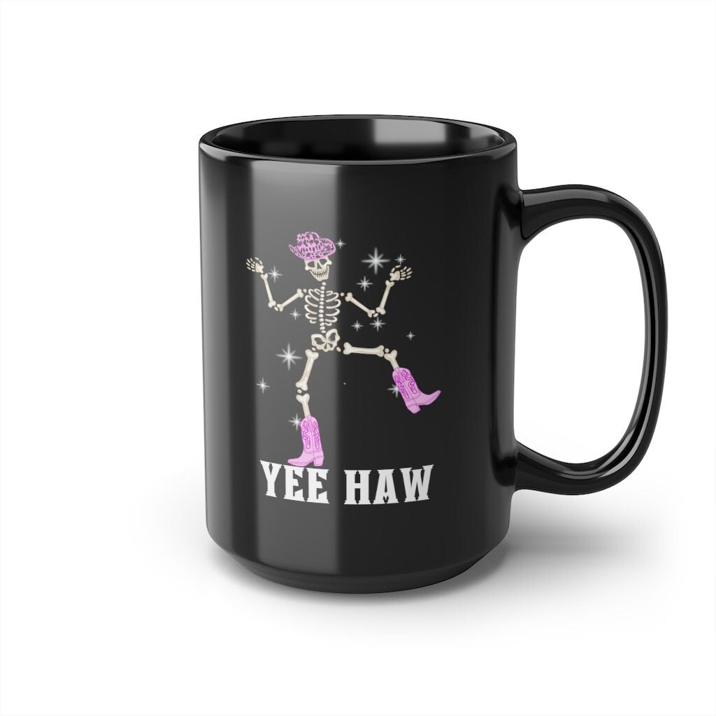 Yee Haw Sparkly Skeleton Cowgirl Pink Black Mug, 15oz