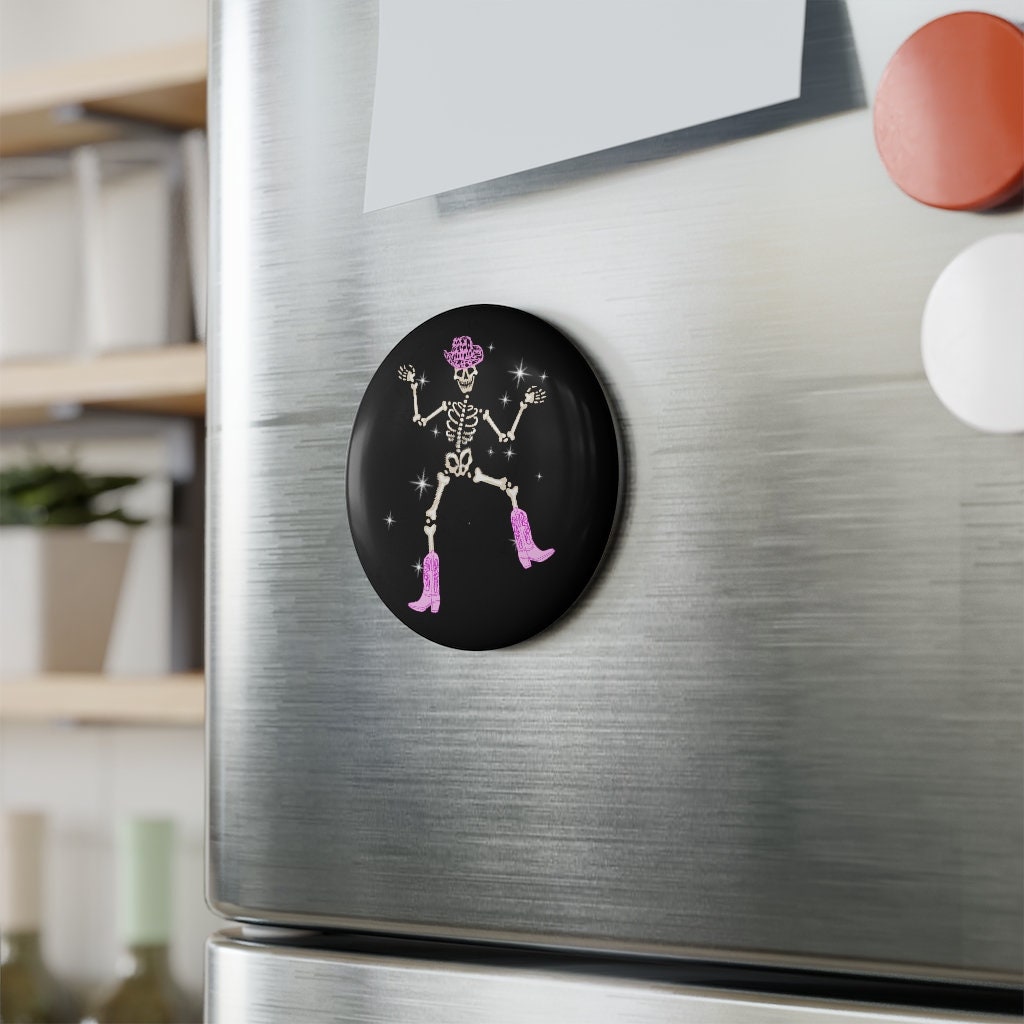 Sparkly Dancing Cowgirl Pink Skeleton Button Magnet, Round (1 & 10 pcs)