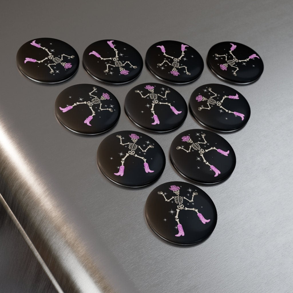 Sparkly Dancing Cowgirl Pink Skeleton Button Magnet, Round (1 & 10 pcs)