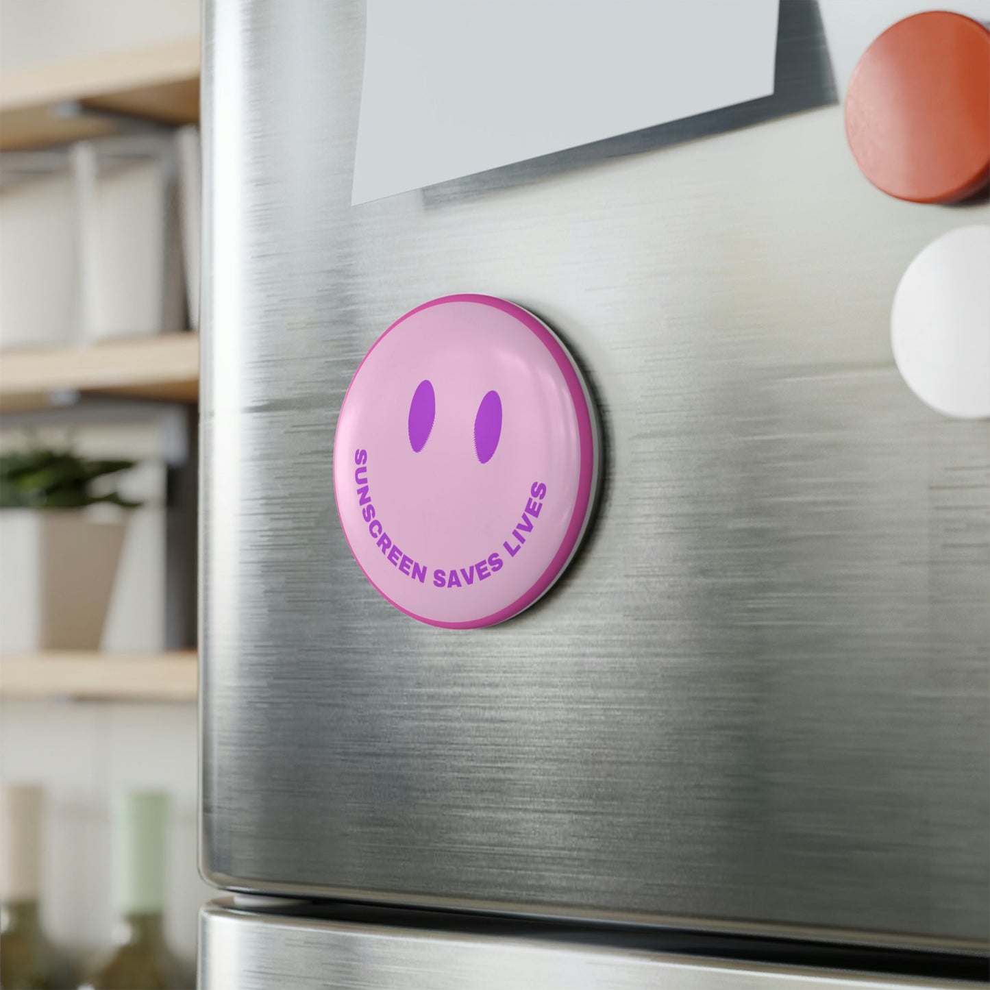 Sunscreen Saves Lives Pink Smiley Face Button Magnet, Round (1 & 10 pcs)
