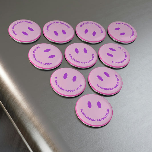 Sunscreen Saves Lives Pink Smiley Face Button Magnet, Round (1 & 10 pcs)