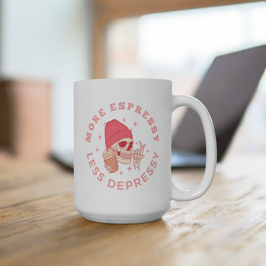 More Espressy, Less Depressy, Cute, Pink Skeleton Coffee Ceramic Mug 15oz