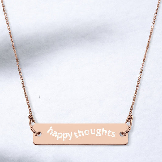 Happy Thoughts, Groovy Text, Minimalist, Engraved Sterling Silver Bar Chain Necklace