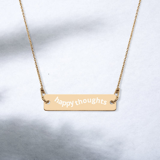 Happy Thoughts, Groovy Text, Minimalist, Engraved Sterling Silver Bar Chain Necklace