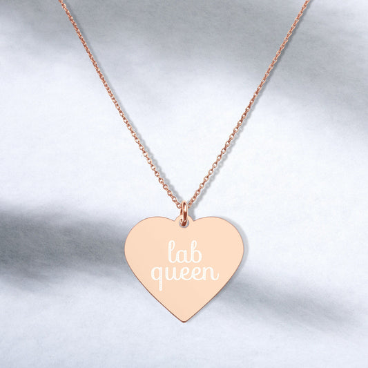 Lab Queen | Lab Tech | Laboratory | Engraved Rose Gold, Sterling Silver Heart Minimalist Necklace