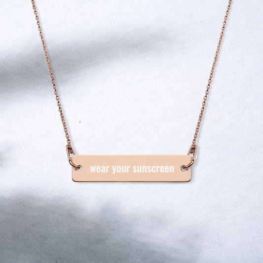 Wear Your Sunscreen | SPF | Skincare | Rose Gold, Engraved Sterling Silver Bar Chain Minimalist Necklace