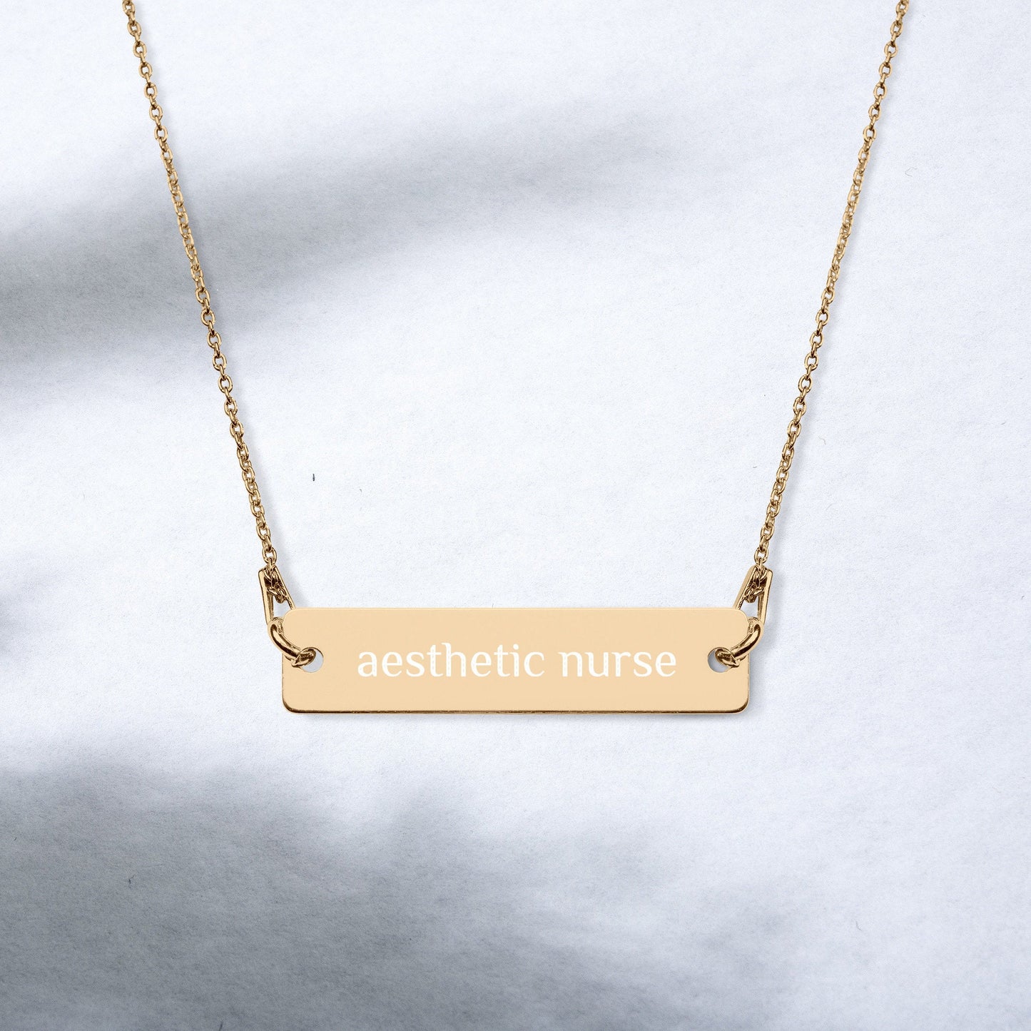 Aesthetic Nurse | Nurse Injector | Rose Gold, Engraved Sterling Silver Bar Chain Minimalist Necklace