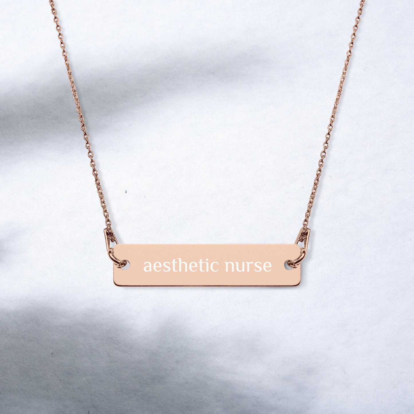 Aesthetic Nurse | Nurse Injector | Rose Gold, Engraved Sterling Silver Bar Chain Minimalist Necklace