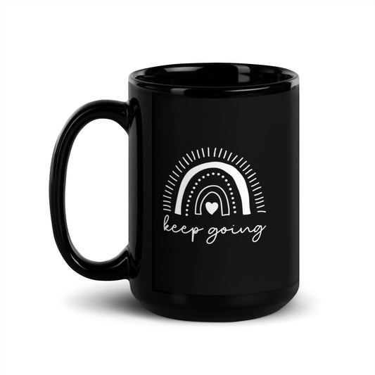 Keep Going Dainty Rainbow, Motivational Black Glossy Mug