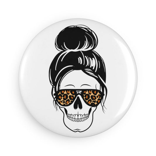 Messy Bun Smiley Skeleton Leopard Print Sunglasses Button Magnet, Round (1 & 10 pcs)