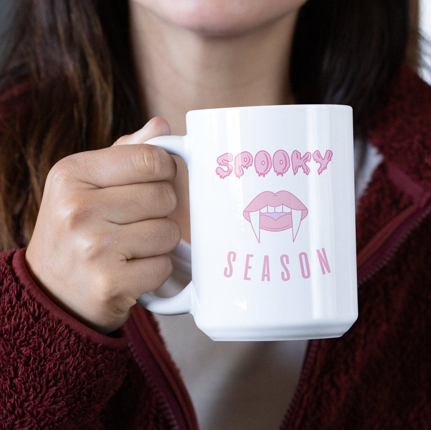 Spooky Season Pink Fangs Halloween Ceramic Mug 15oz
