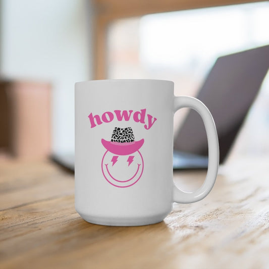 Howdy Smiley Face Lightning Bolt Cow Print Cowgirl Ceramic Mug 15oz