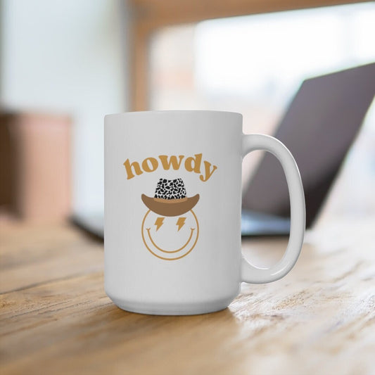 Howdy Cowboy Hat Smiley Face Lightning Bolt Ceramic Mug 15oz