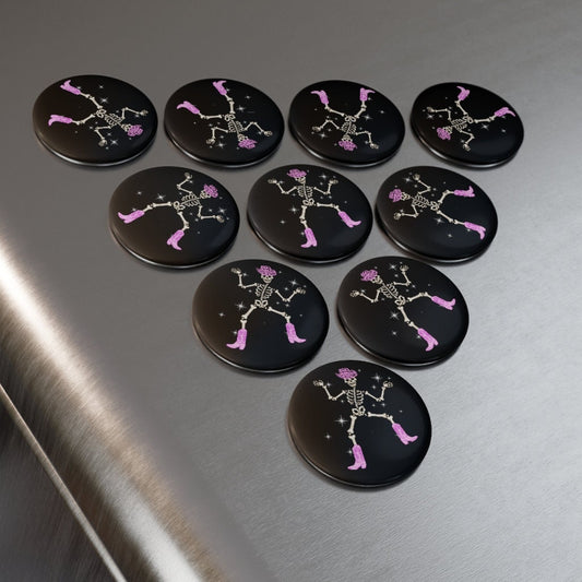 Sparkly Dancing Cowgirl Pink Skeleton Button Magnet, Round (1 & 10 pcs)