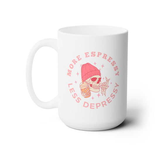 More Espressy, Less Depressy, Cute, Pink Skeleton Coffee Ceramic Mug 15oz